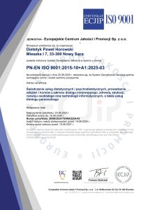 Certyfikat jakości ISO 9001 Dietetyk Paweł Horowski